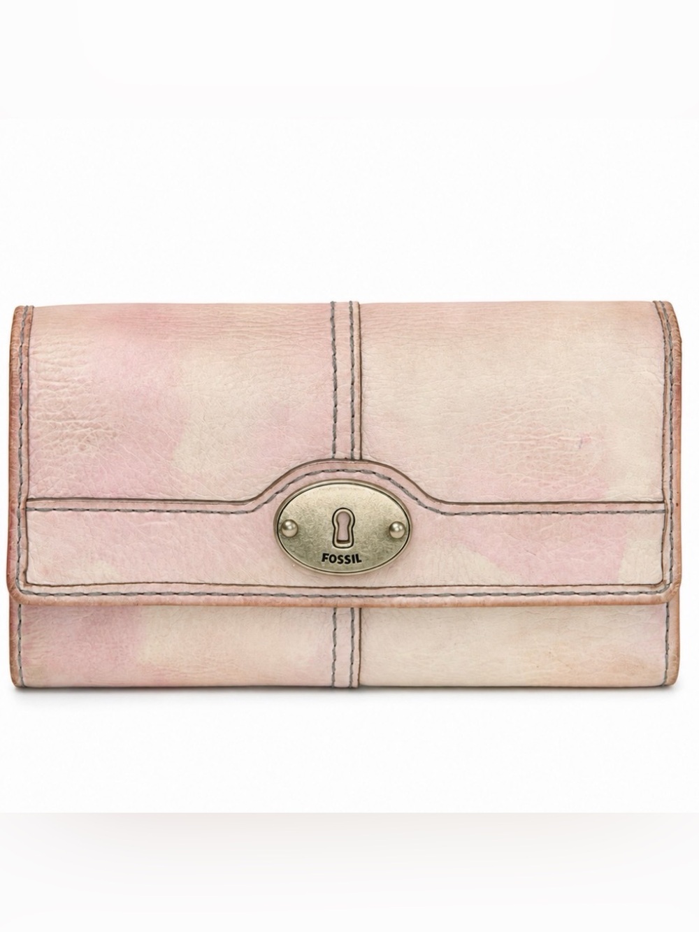 Fossil Pale Pink Leather Foldover Wallet with Silver-Tone Lock